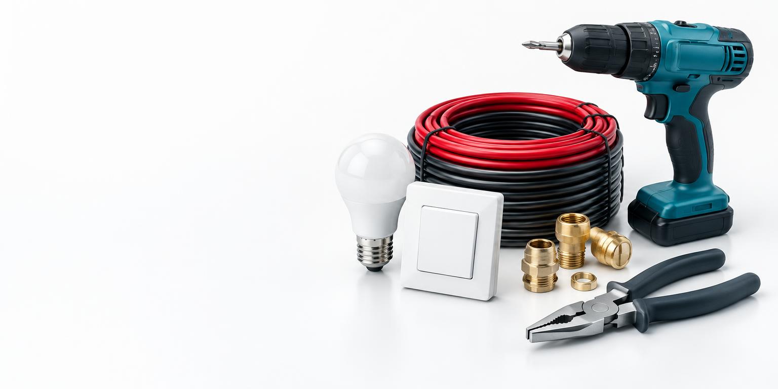 Electrical cable, LED bulb, switches, drill and hardware supplies
